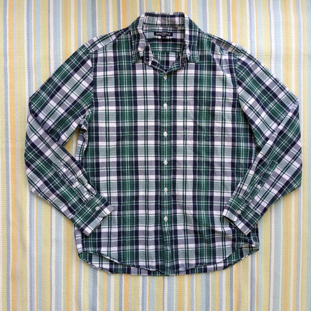 ⭐ J. Crew Mercantile green/navy/white plaid button up Large